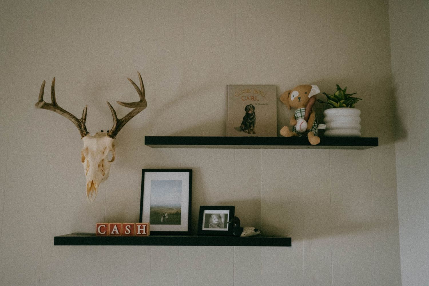 Nursery shelves decorated with deer skull, framed photos, CASH letter blocks, and stuffed animals.