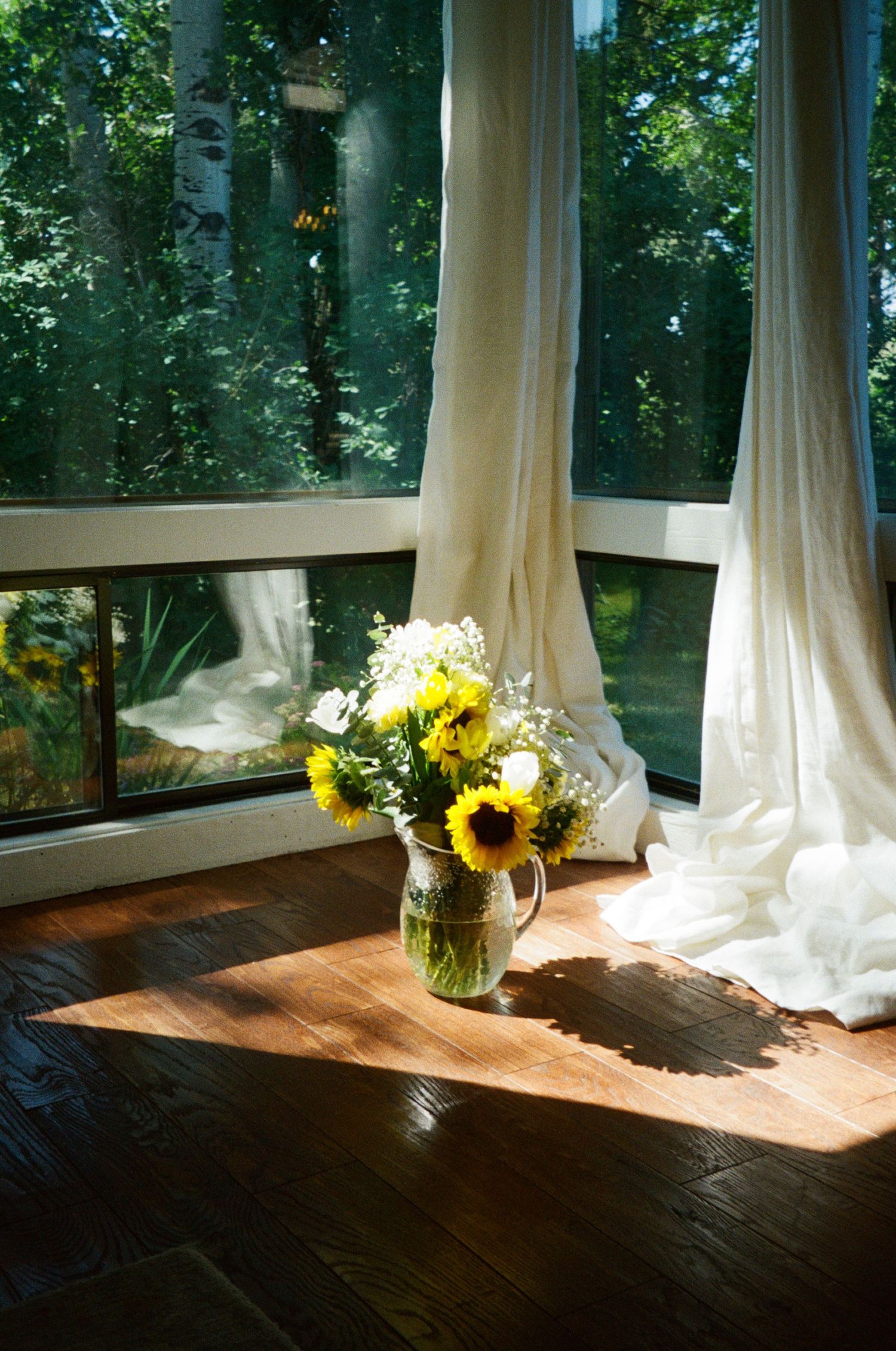 Sunlit bouquet of sunflowers and white flowers in glass vase on hardwood floor by sheer curtained window.