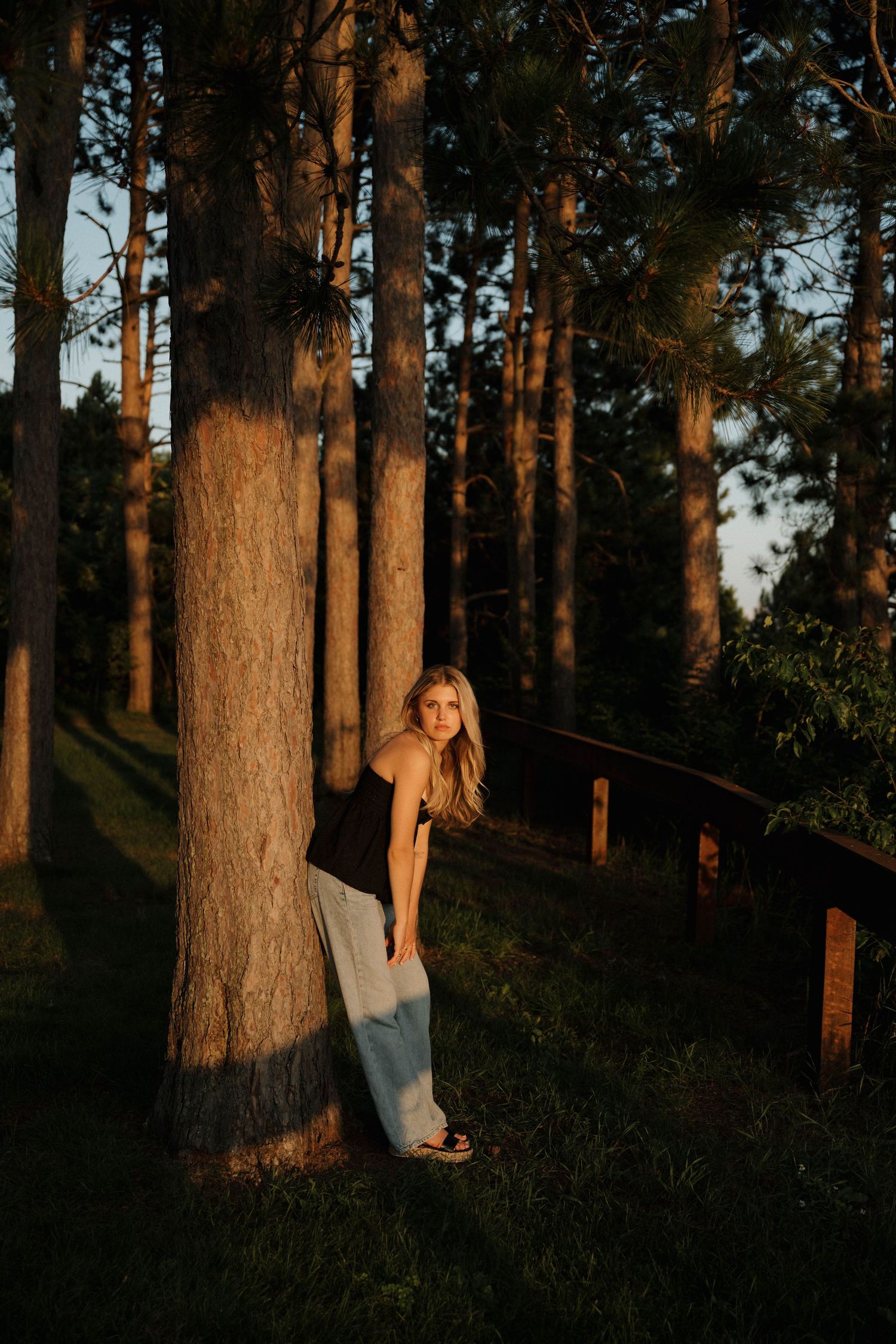 A blonde woman leans against a tall pine tree in a golden-lit forest at sunset.