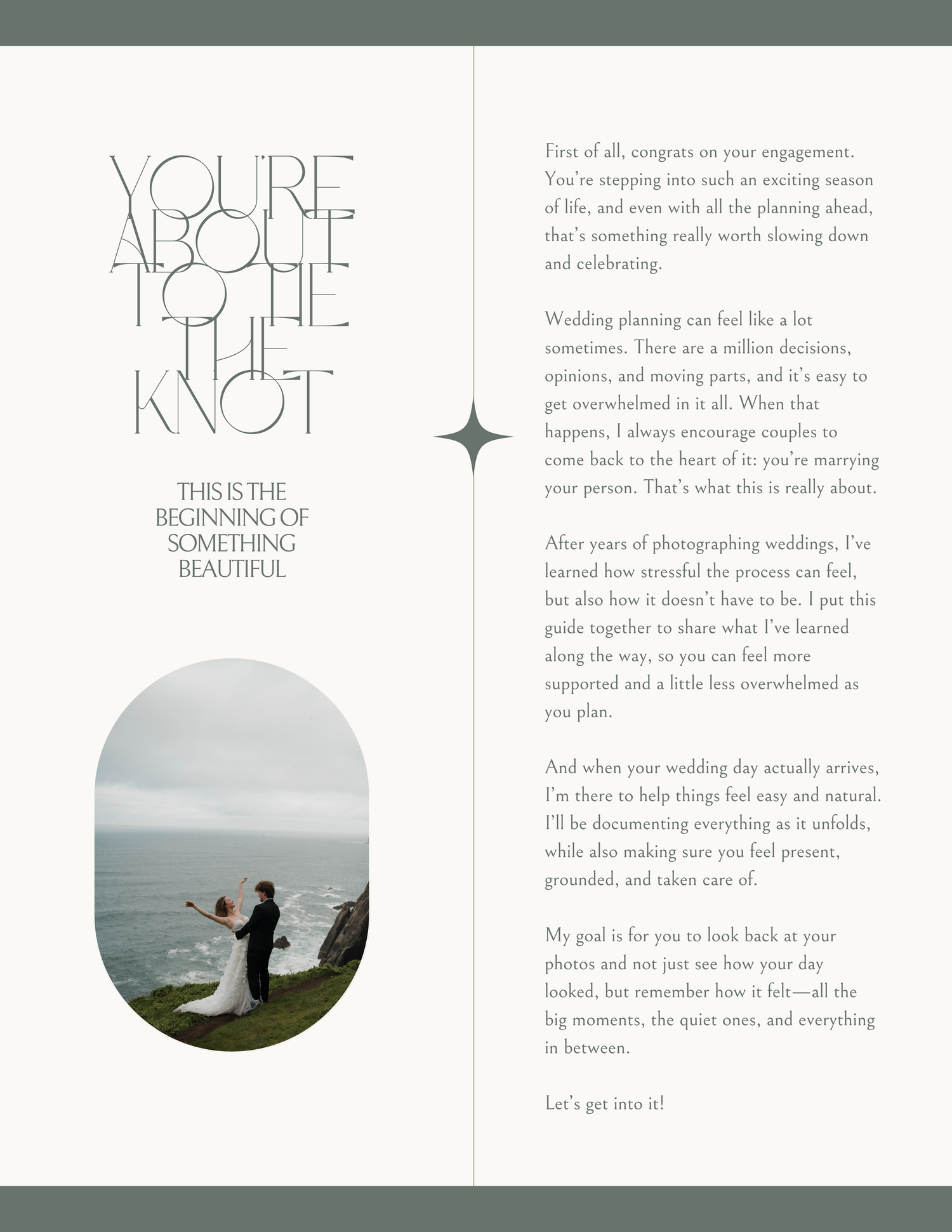 Wedding photography guide introduction page with couple photo and text about capturing natural wedding day moments.
