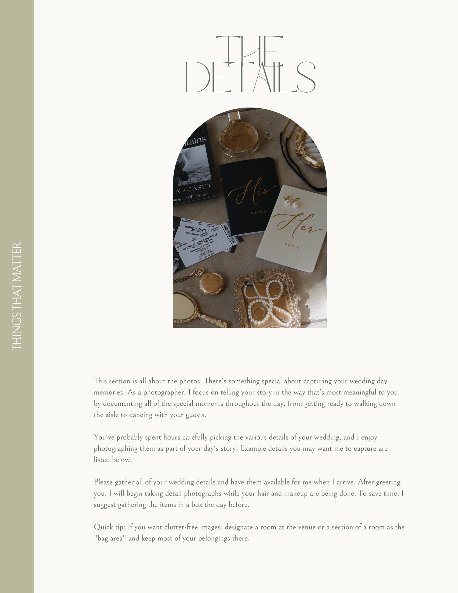 Wedding details photography guide with flat lay of invitation suite, rings, and accessories on dark background.