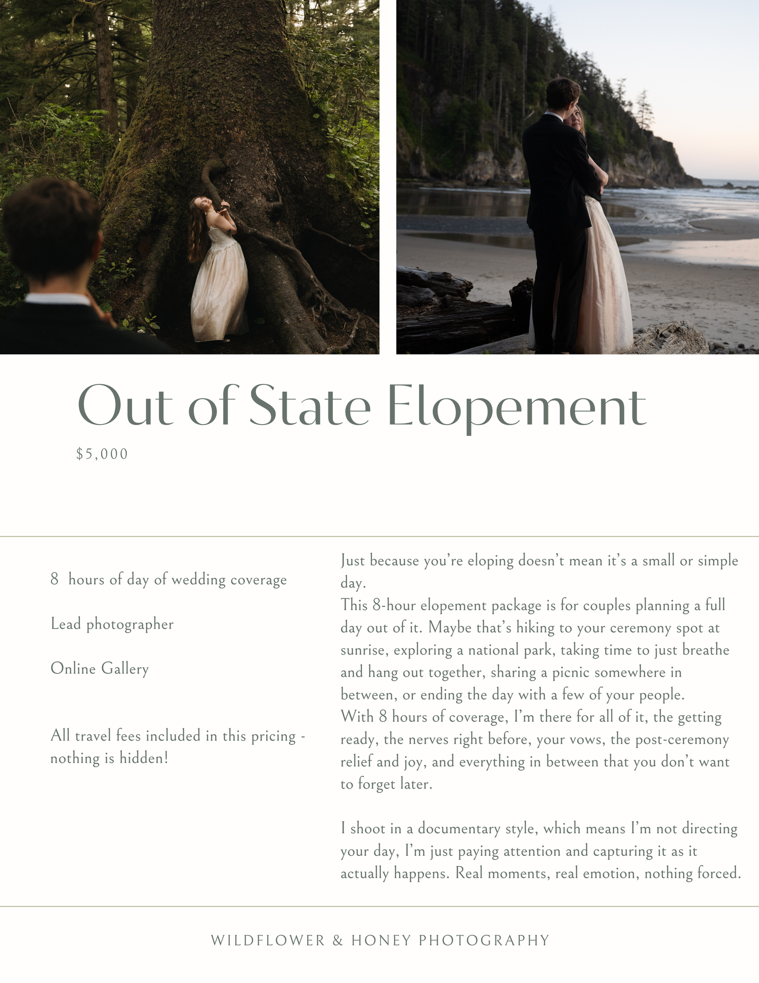 Couple sharing a romantic moment on a forested coastal trail during an out-of-state elopement session.