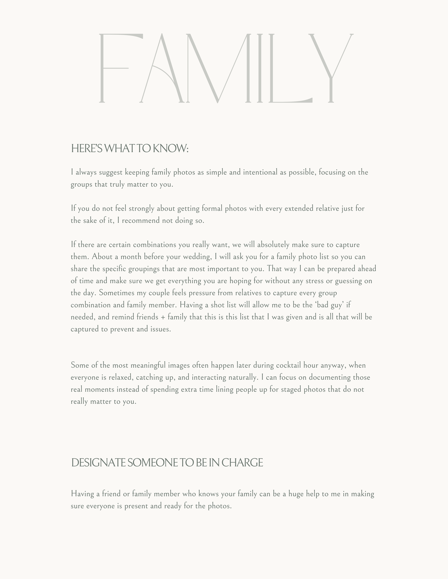 Elegant wedding guide family photos page with sage green text on a clean cream background.