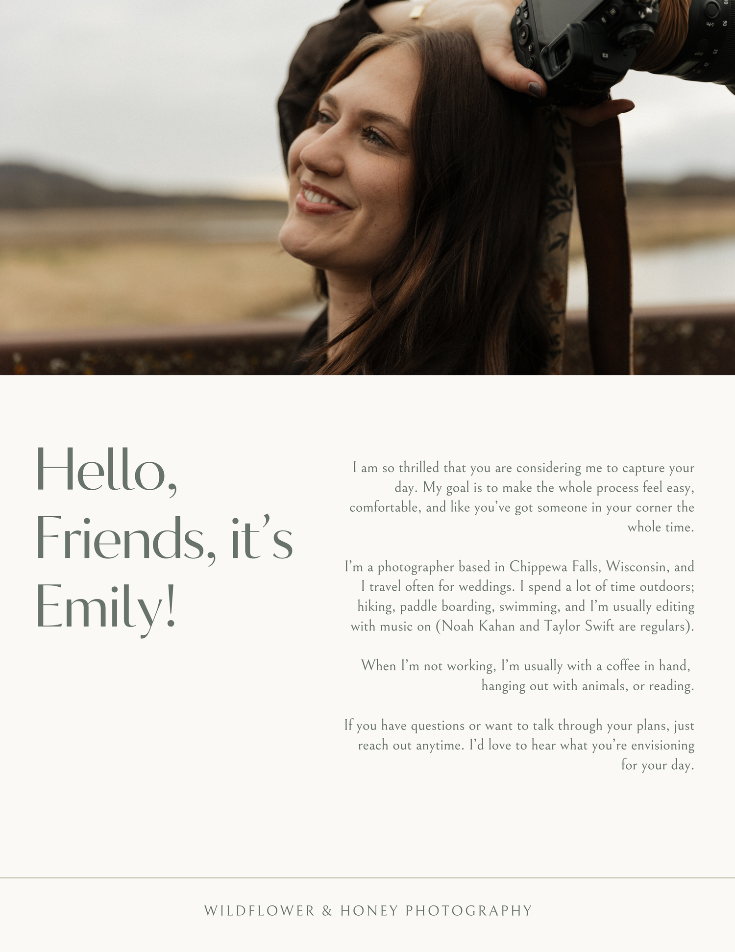 Photographer Emily smiles warmly on the Hello Friends its Emily introduction page.
