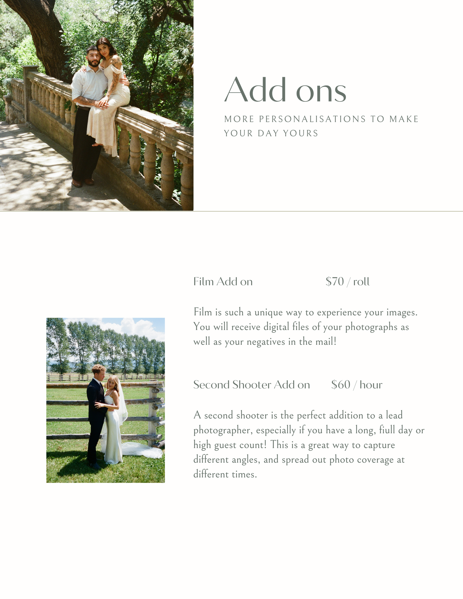 Wedding photography add-ons page featuring film and second shooter options with elegant couple portrait.