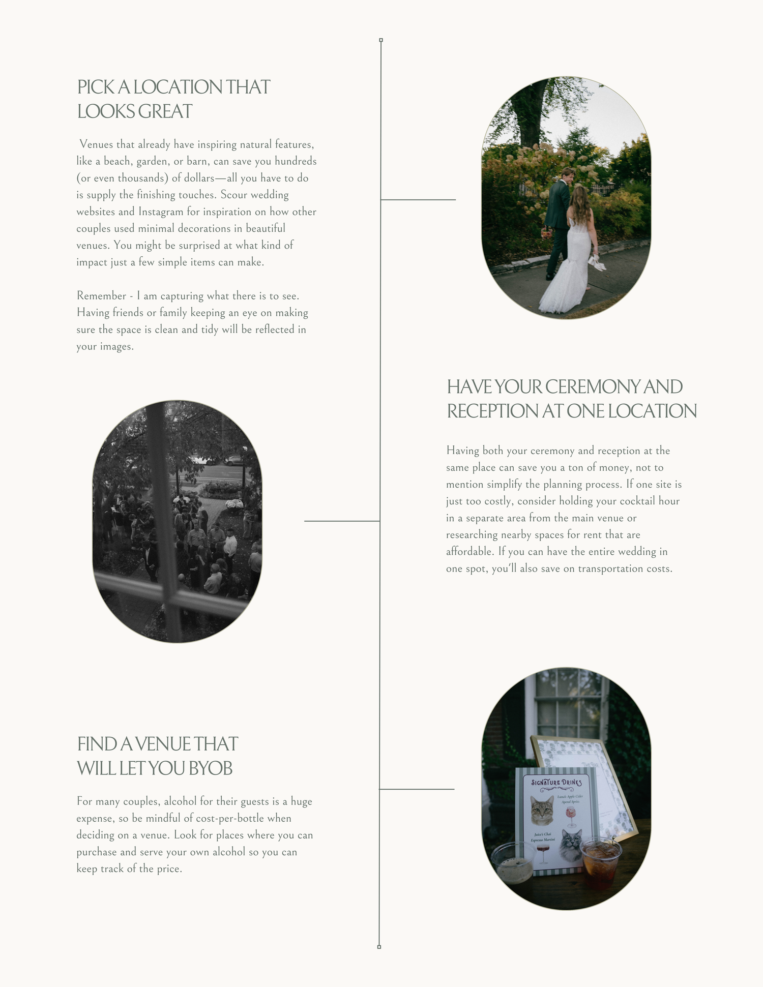 Wedding planning guide page with venue selection tips, ceremony location advice, and BYOB venue cost-saving strategies.