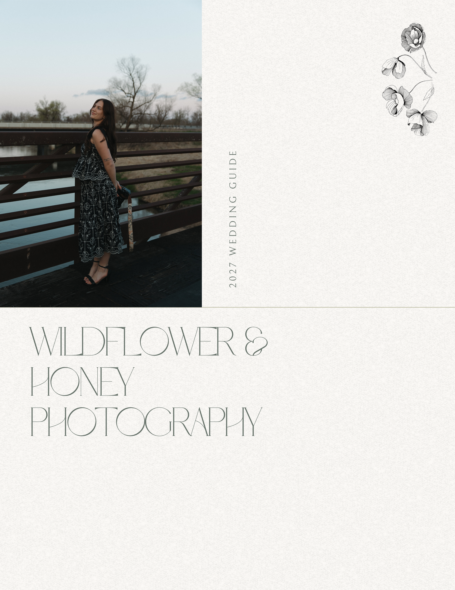 Wildflower and Honey Photography 2027 wedding guide cover with a woman on a bridge.