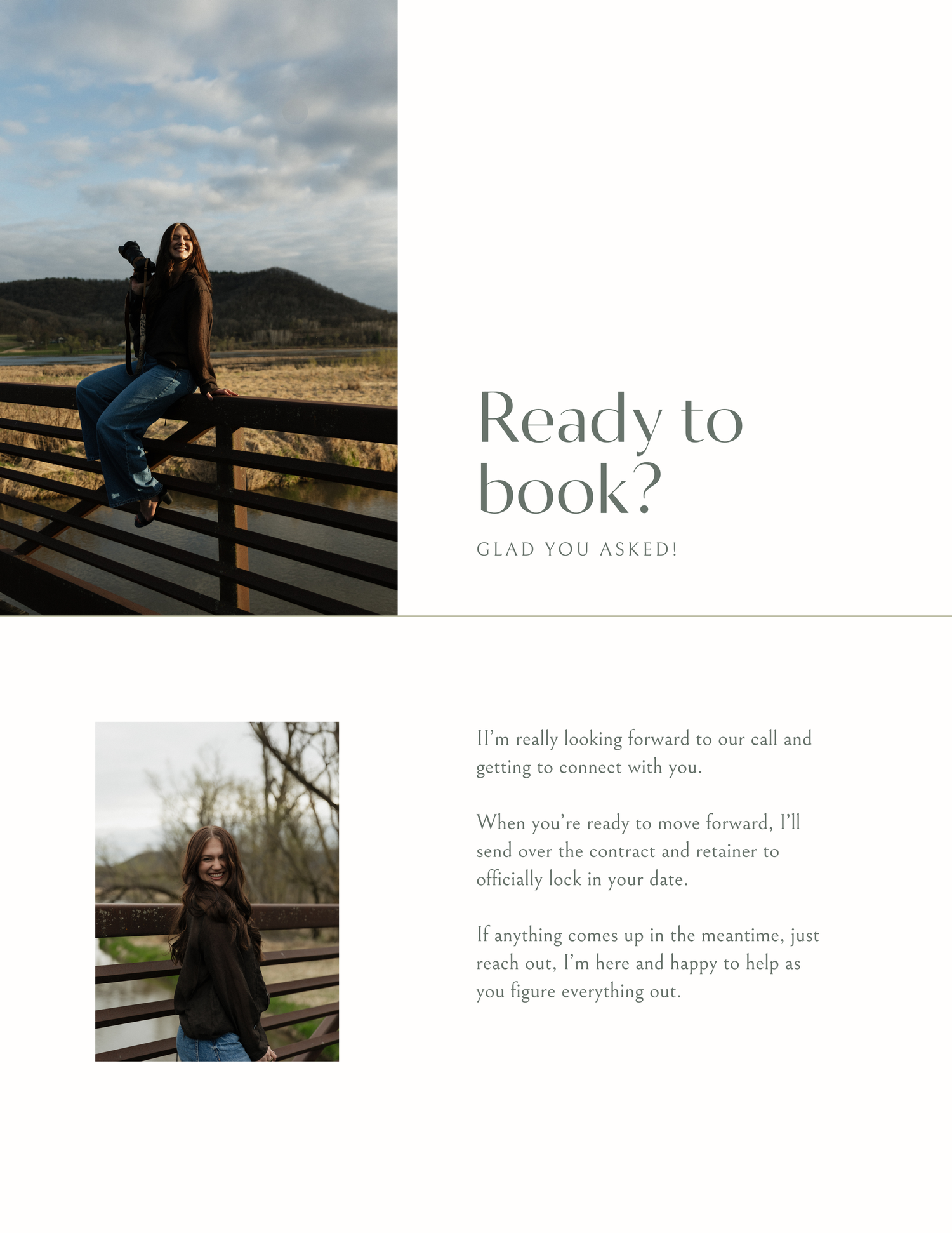 Photographer booking page with woman sitting on fence in scenic mountain landscape, ready to book section.