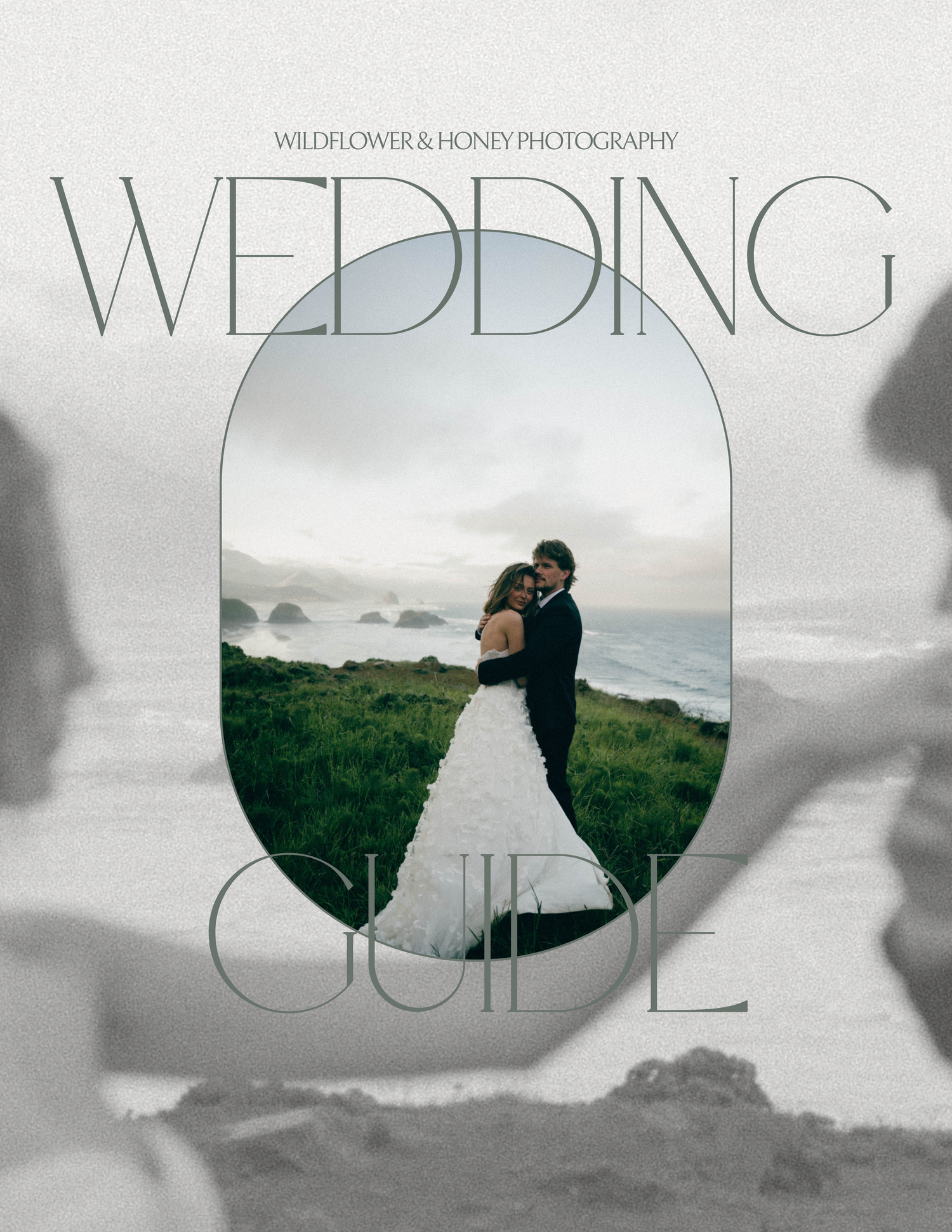 Wildflower and Honey Photography elegant wedding guide cover featuring couple embracing on coastal cliffside meadow.
