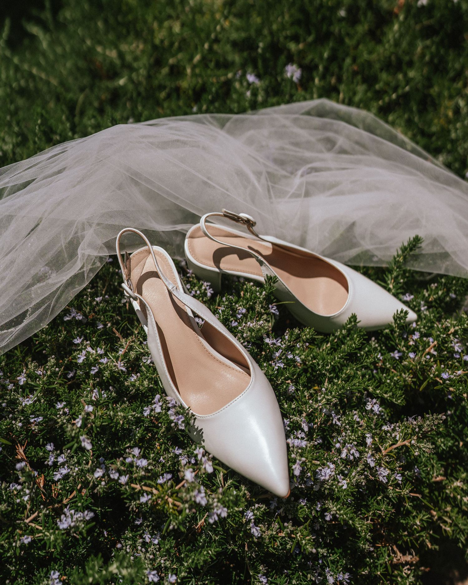 White bridal flats with ankle straps displayed on green foliage.