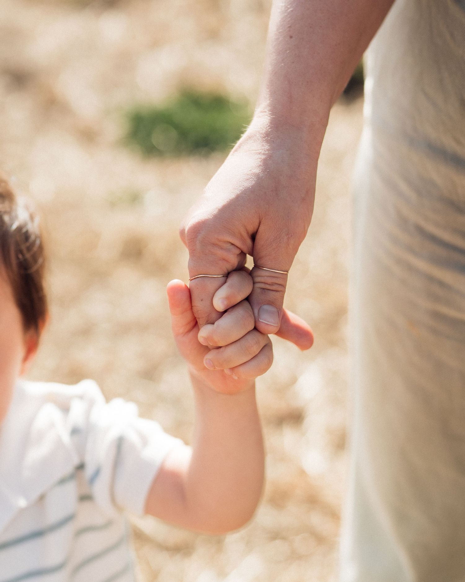 Adult holding a small child's hand outdoors in warm natural light, symbolizing family bond and parental care.