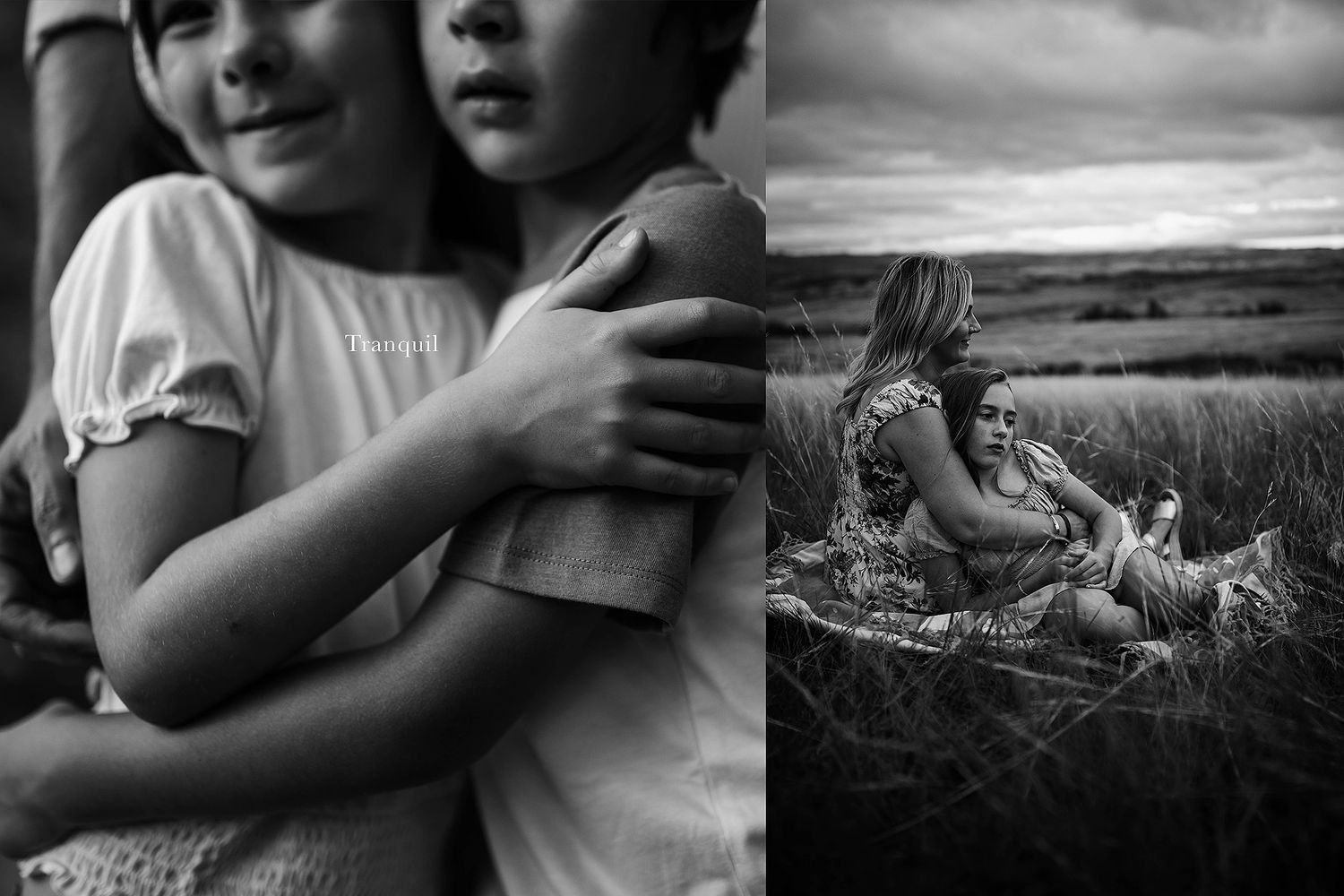 Candid black and white photo capturing tender moments in an outdoor setting.