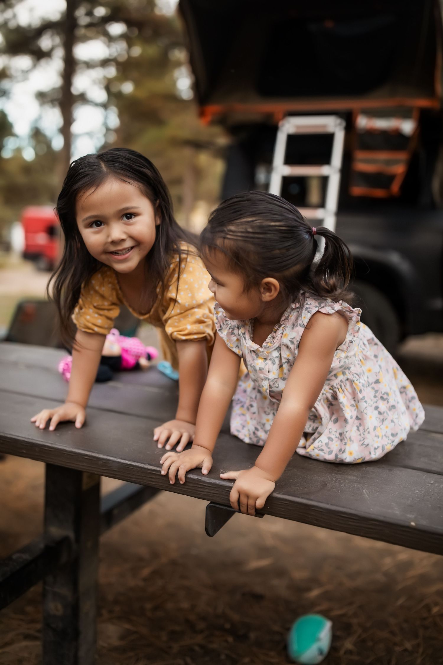 Two children playing together on a wooden picnic bench in an outdoor setting during golden hour.