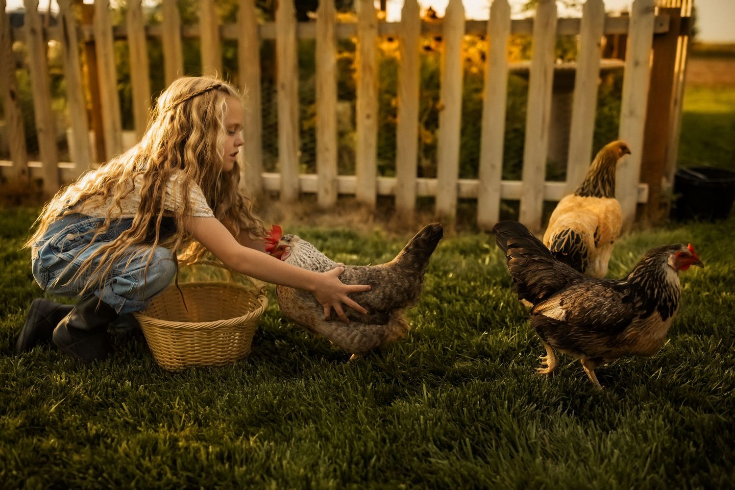 Child interacting with chickens in backyard with white picket fence.