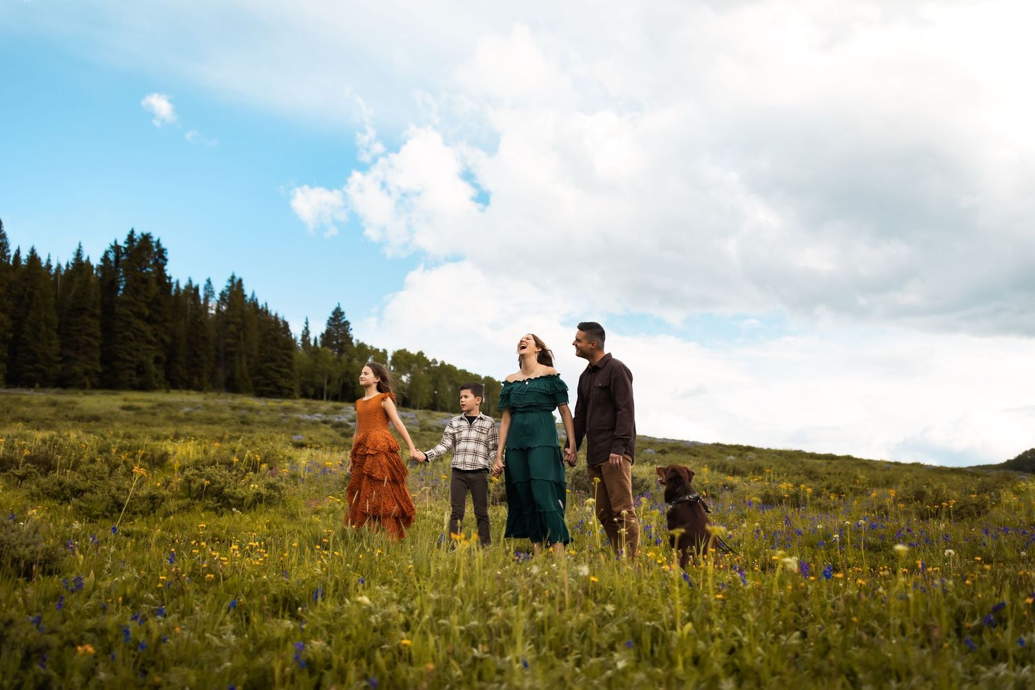 Group walking through a wildflower meadow with mountains and forest in the background.