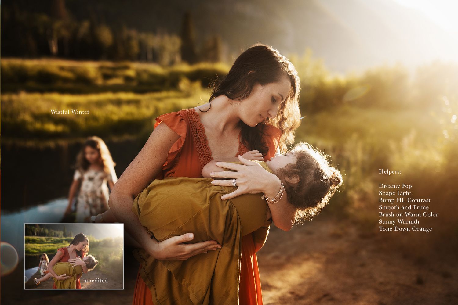 Intimate family moments captured in warm sunset lighting during outdoor photography session.