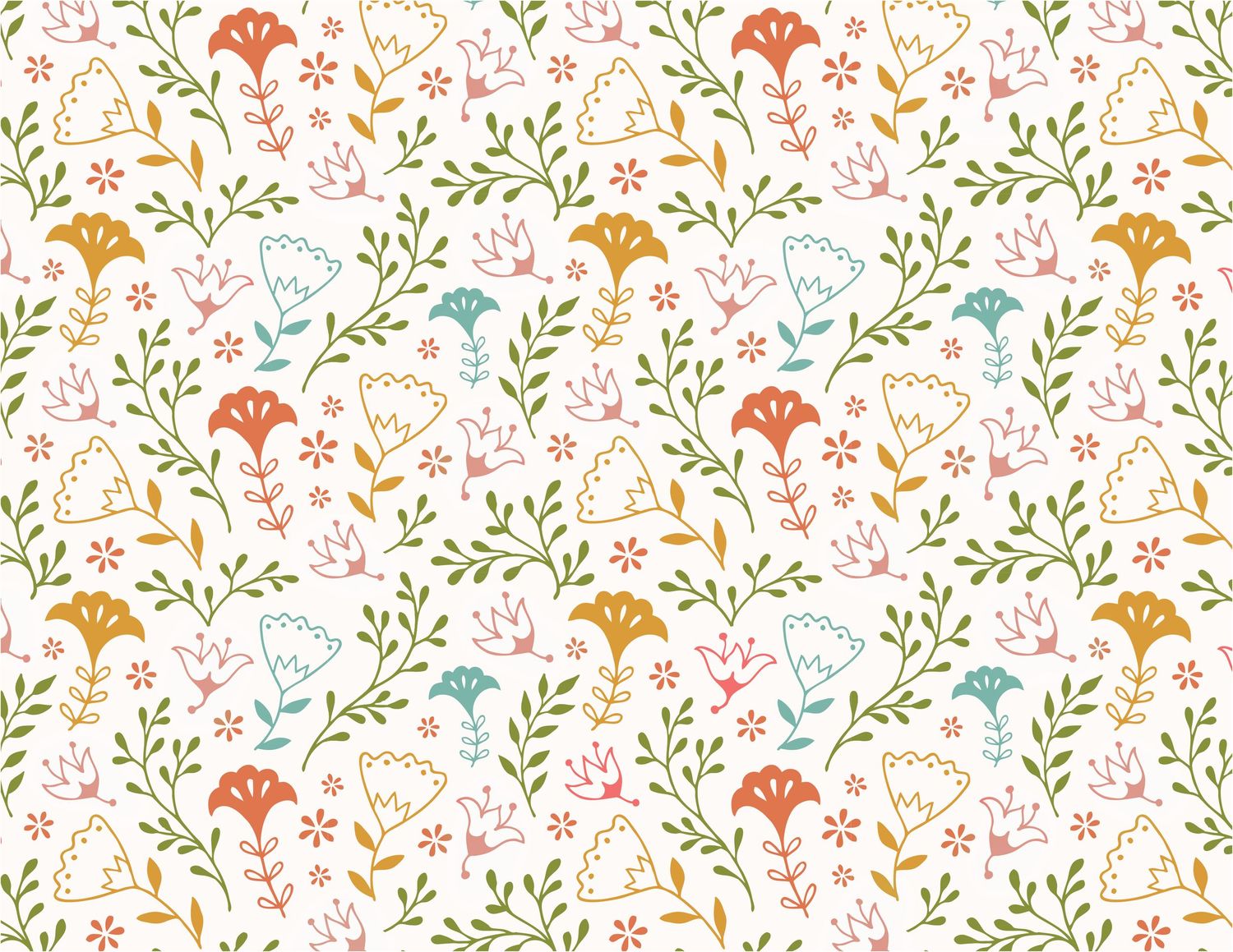 Delicate floral pattern with small orange flowers and green leaves on white background creating a vintage wallpaper design.