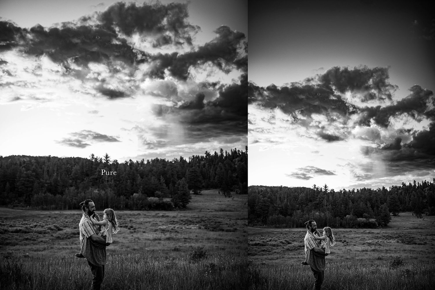 Dramatic cloudy sunset over a mountain meadow with dark silhouettes against the sky.