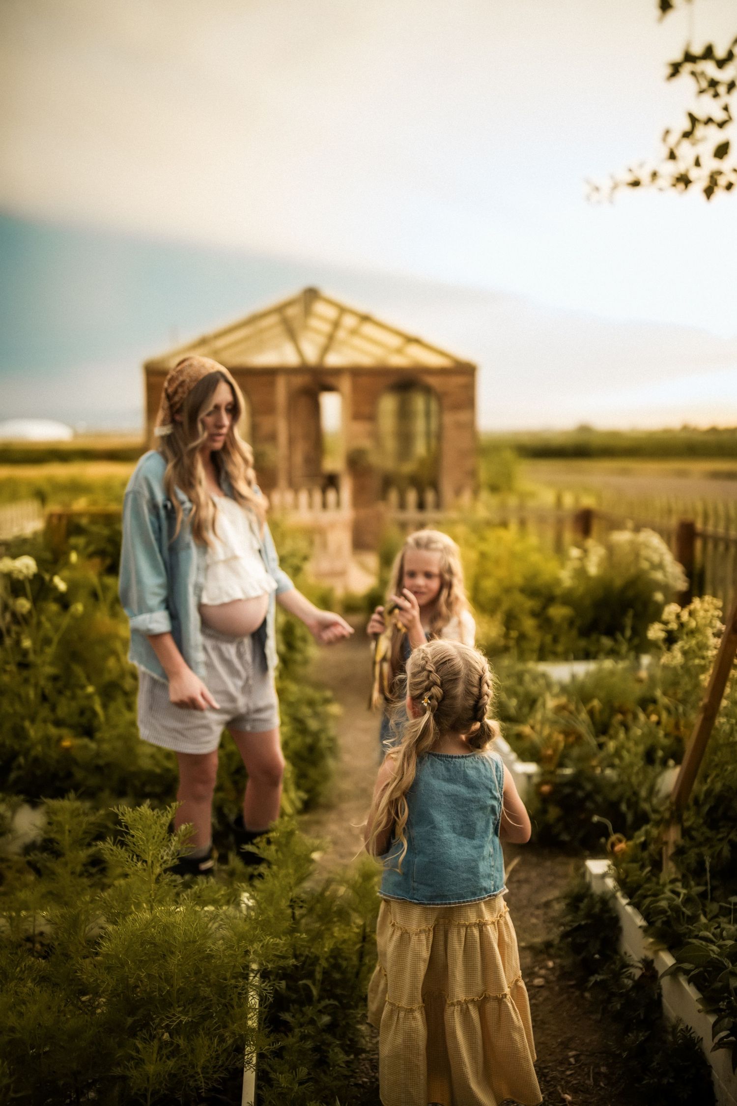 A rustic garden scene at sunset shows people gathering in front of a wooden structure surrounded by wildflowers.