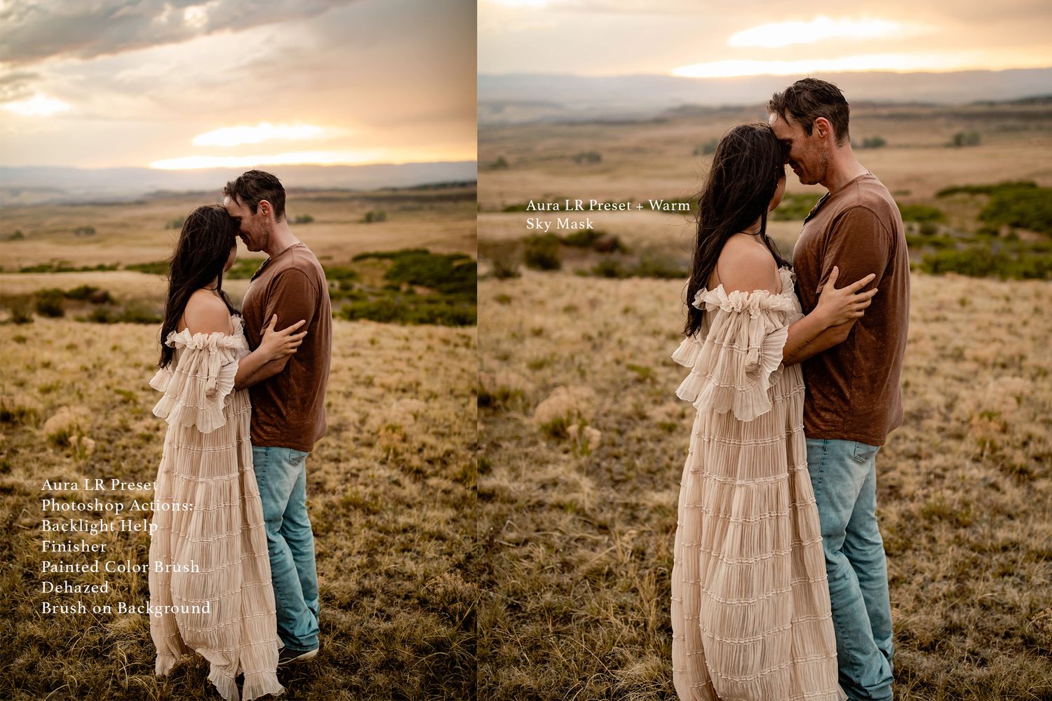 Romantic sunset photoshoot in an open field with flowing dress and natural lighting.