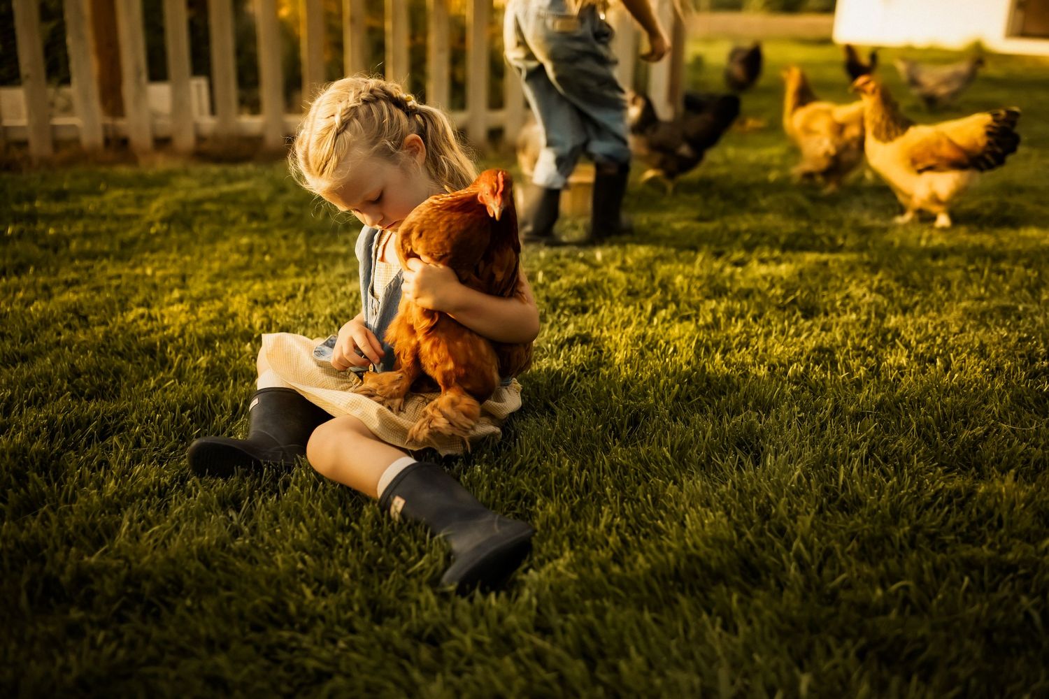A small child sits in a grassy backyard at sunset holding a chicken while chickens roam in the background.