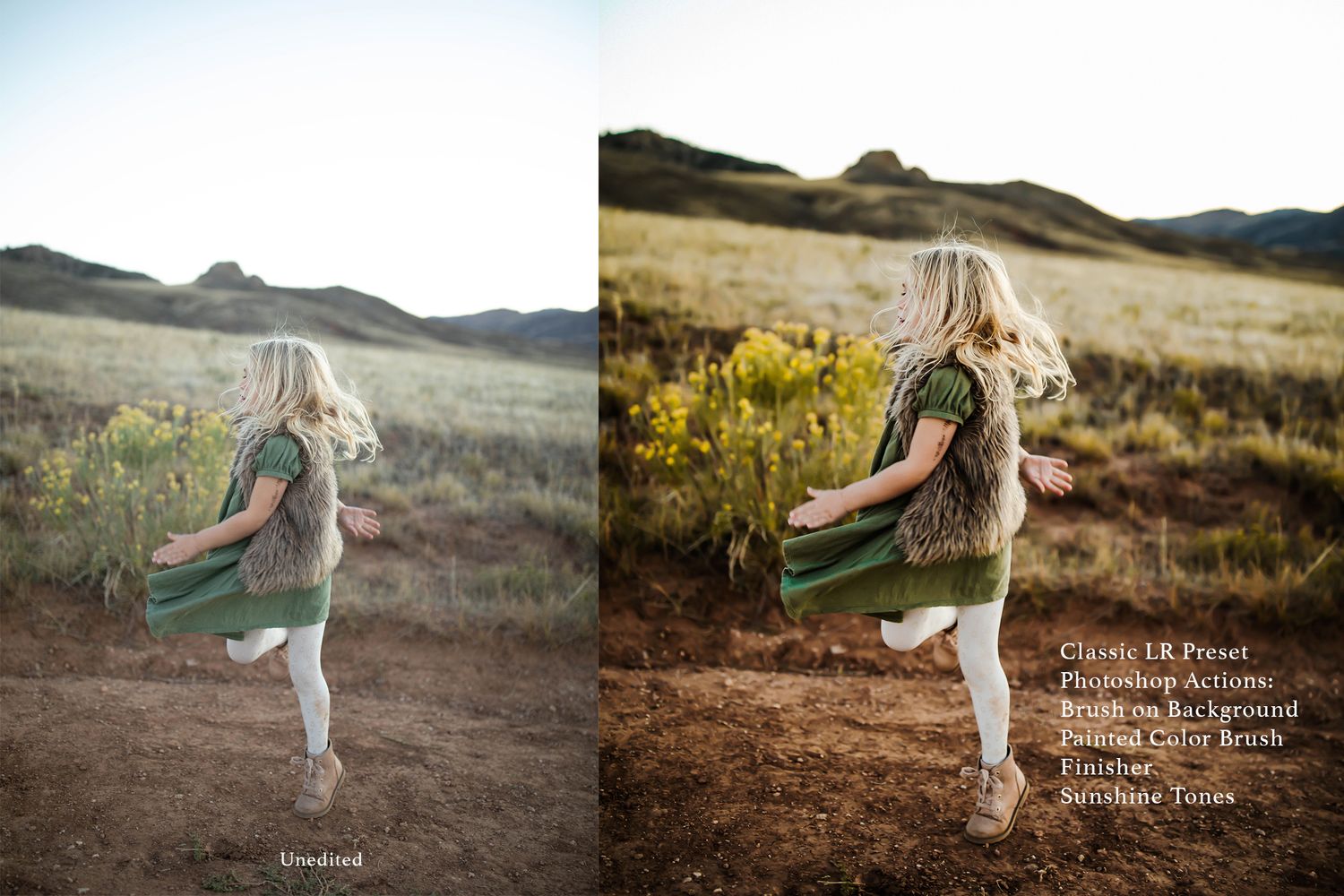 A flowing cream dress and boots against a rustic mountain landscape during golden hour.