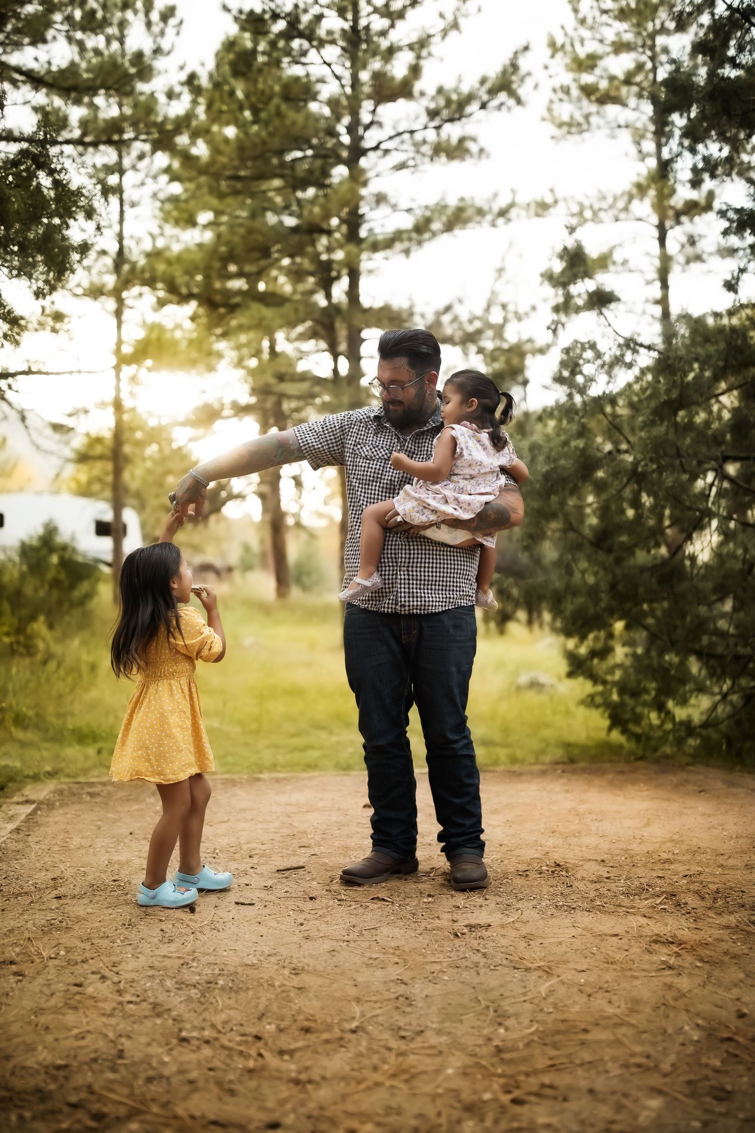 A playful sequence of photos showing a tender moment between two people in a sunny outdoor setting.