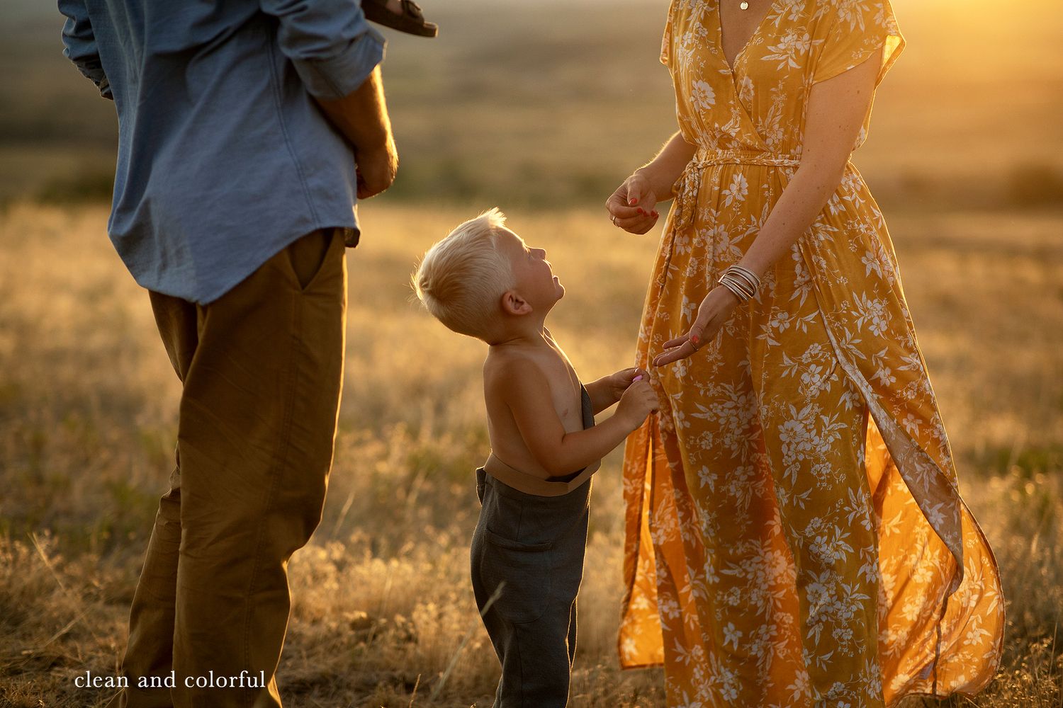 Family holding hands in golden sunset light through tall grass field.