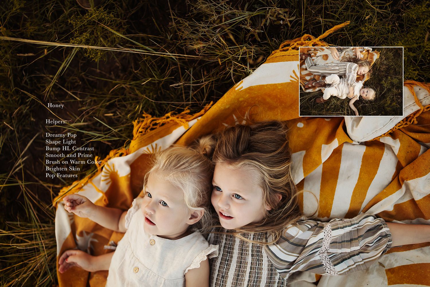 Two children rest on an orange striped blanket outdoors with an inset photo in the corner.