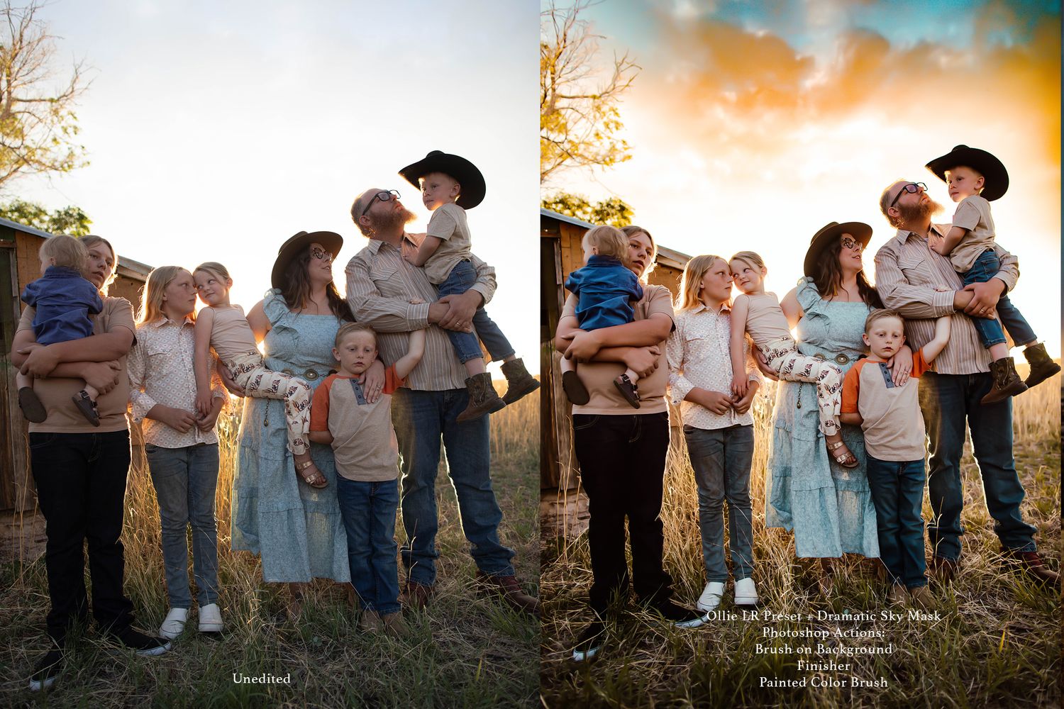 Extended family gathering for photos at sunset in a natural outdoor setting.