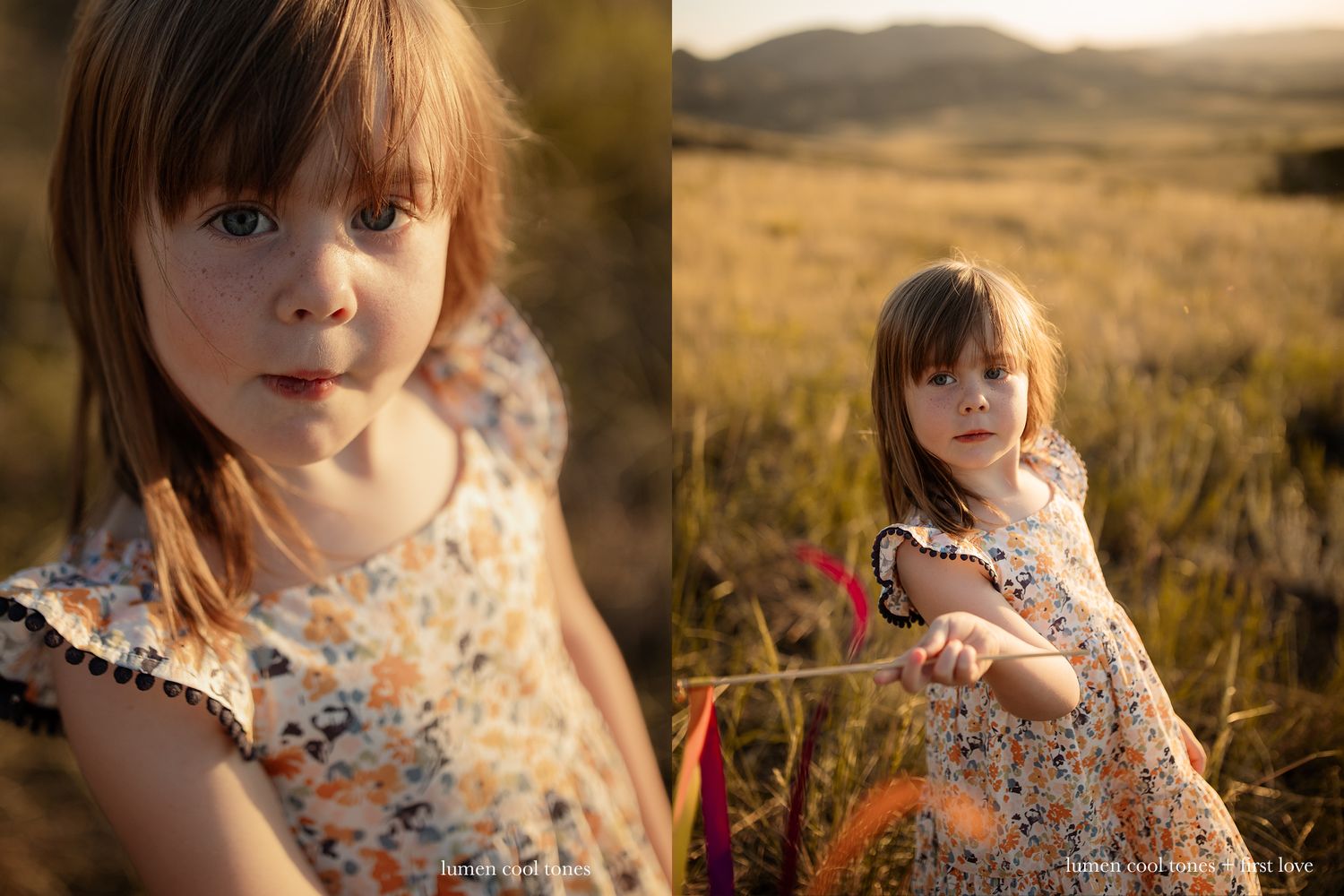 Child in floral dress playing in tall grass during sunset.
