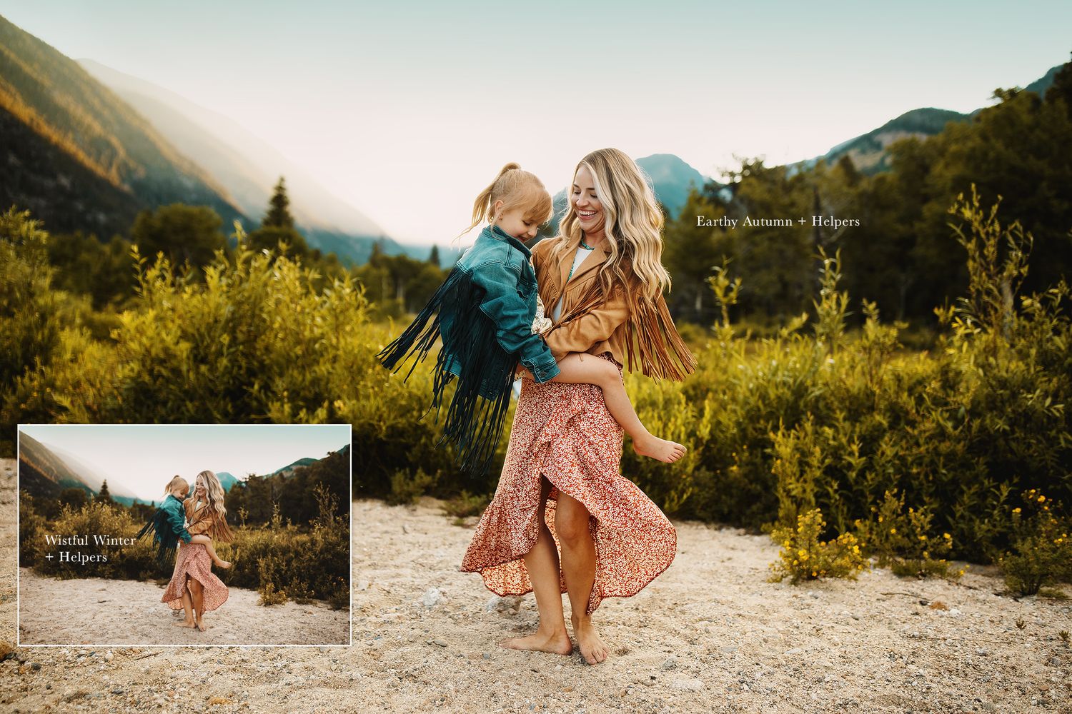 Dancing figures twirl together against a mountainous backdrop at sunset.