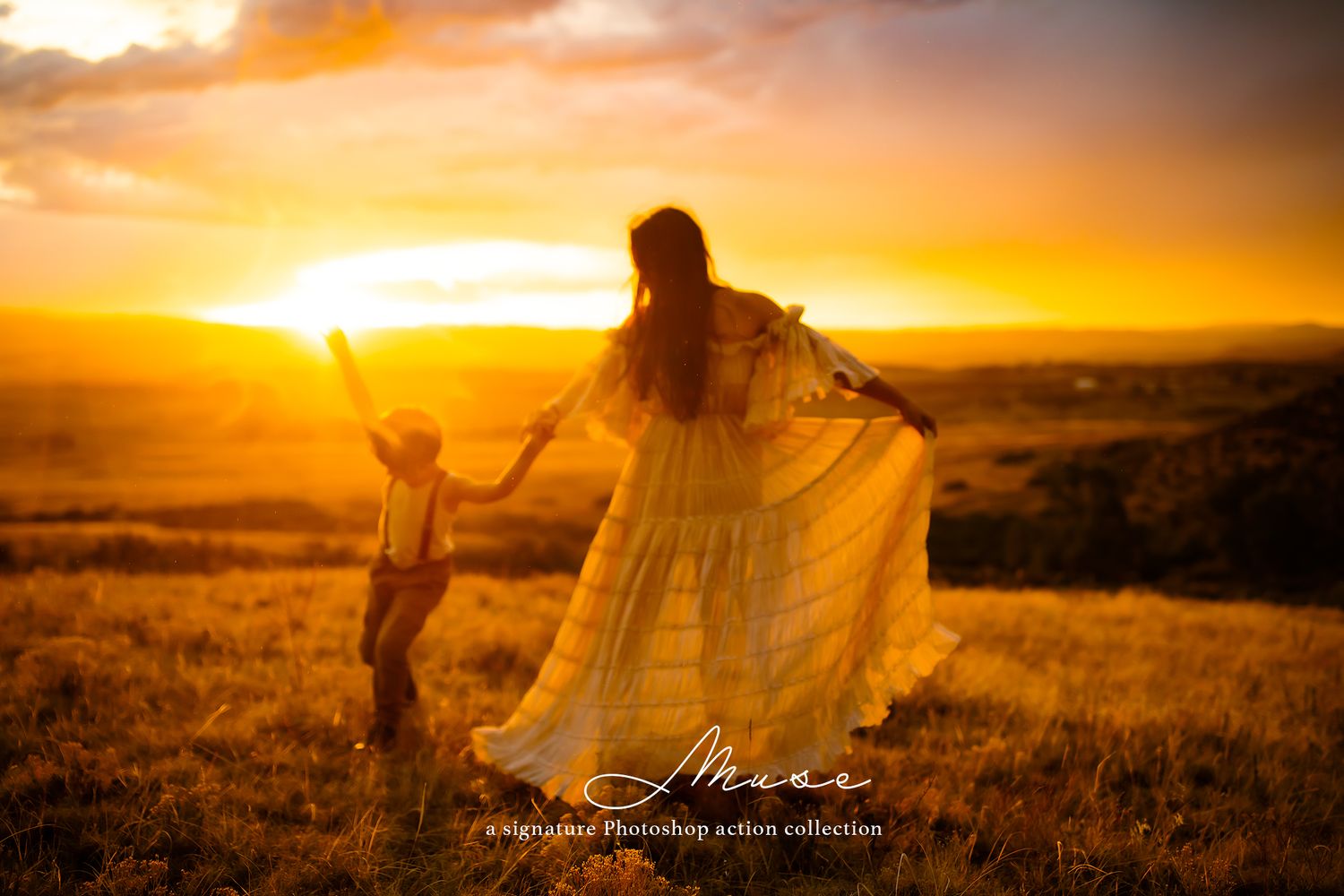 Silhouettes dancing in a golden field at sunset create a dreamy atmosphere.