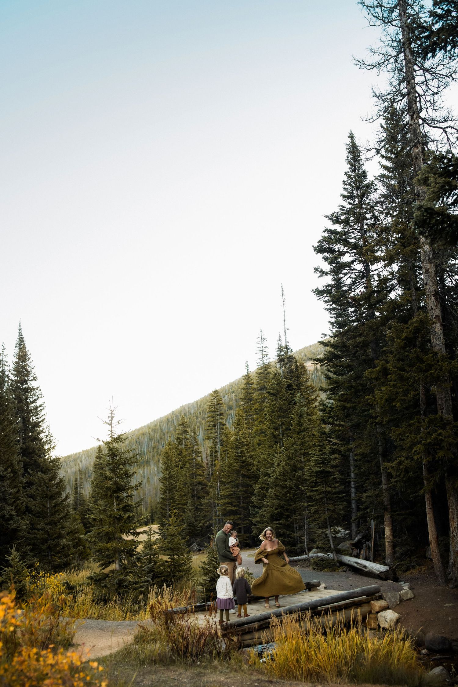 Family setting up a tent in a mountain forest clearing surrounded by tall pine trees at golden hour.