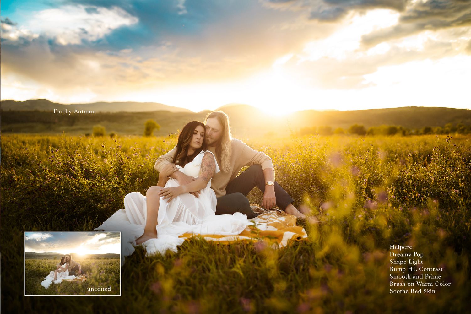 A couple shares an intimate moment on a blanket in a sunlit meadow at golden hour.