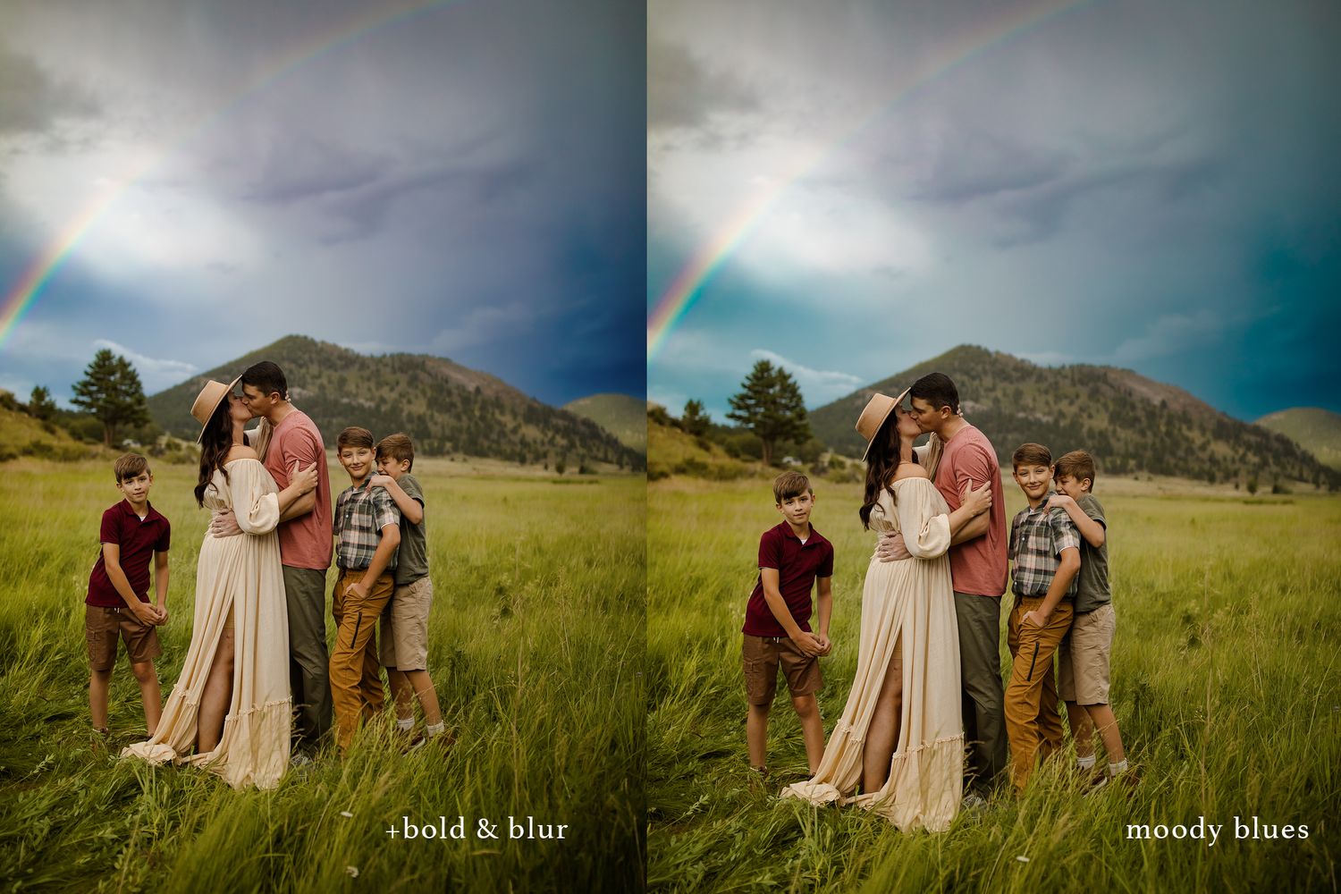 Mountain ceremony under rainbow with dramatic clouds and natural landscape.
