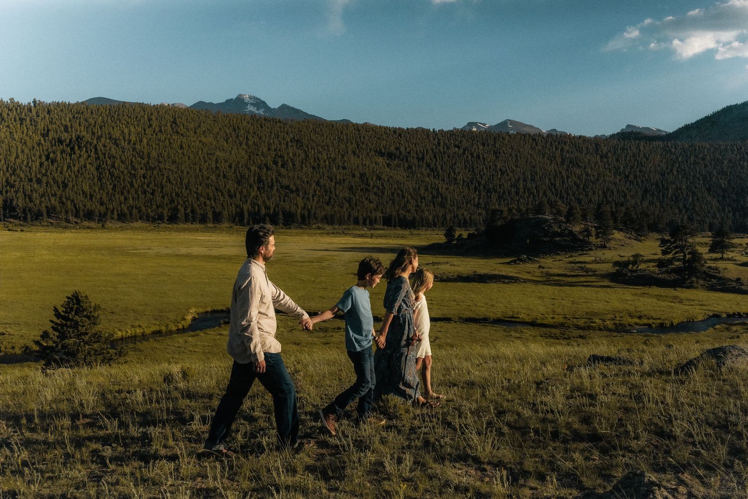 Family of four holding hands walking through a green meadow with mountain forest backdrop at golden hour.