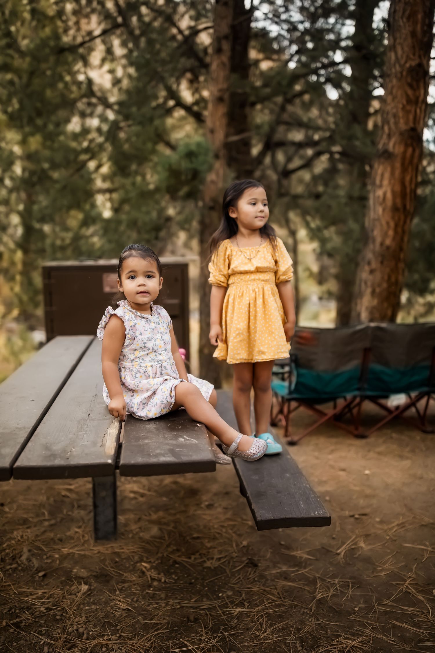 A series of outdoor photos showing children sitting on a wooden picnic table in a wooded setting at sunset.