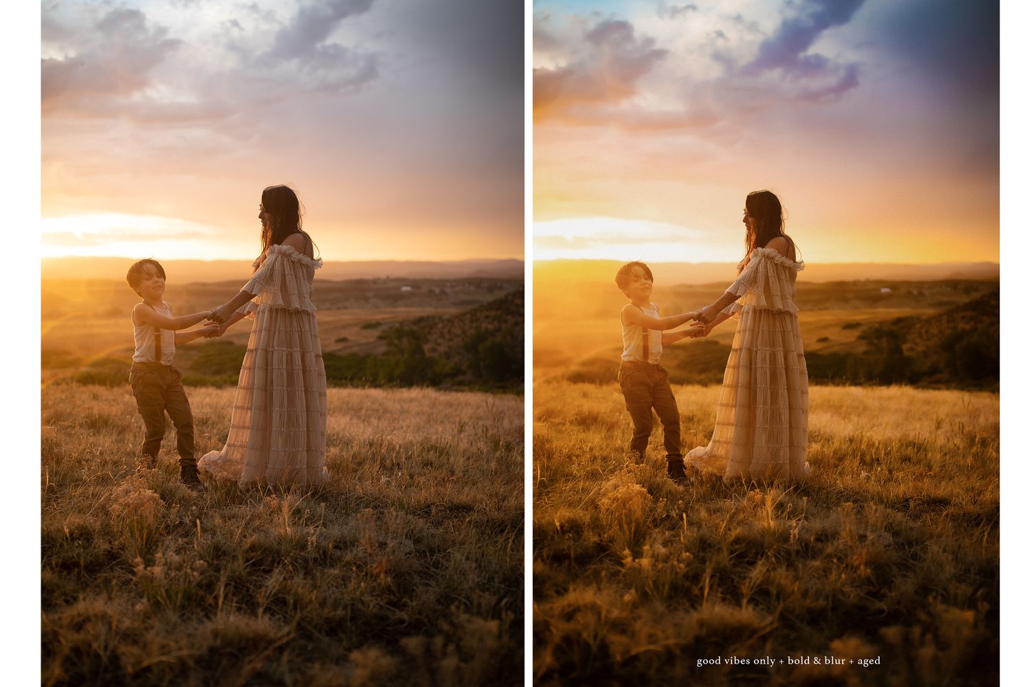 Silhouettes against golden sunset sky in mountain meadow with flowing dress.