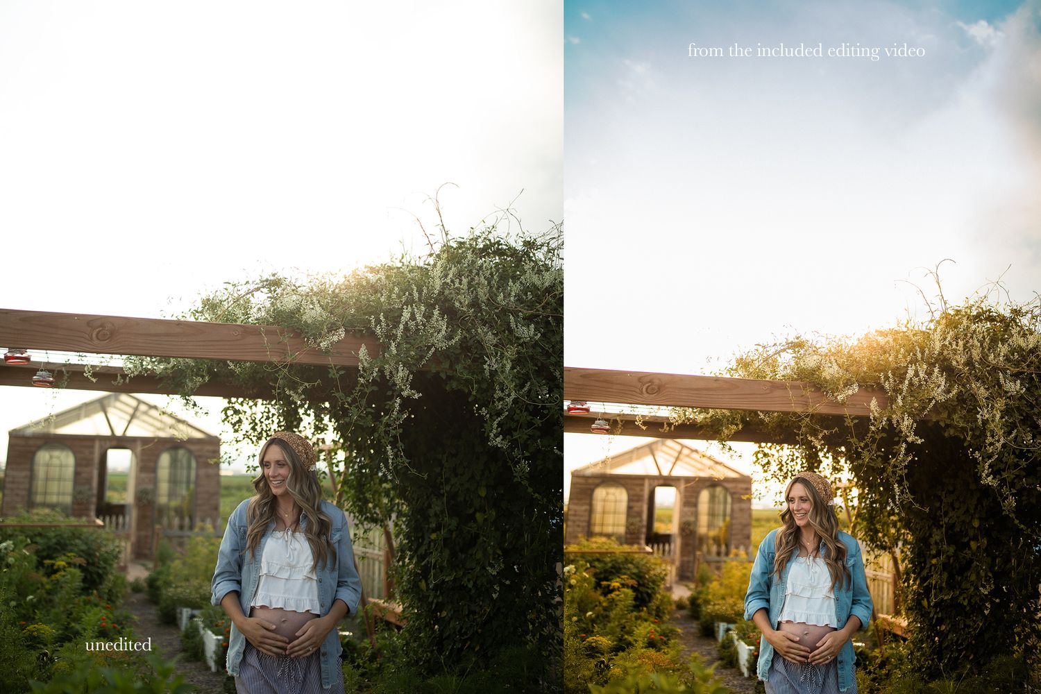 Golden hour photoshoot in front of rustic farmhouse buildings.