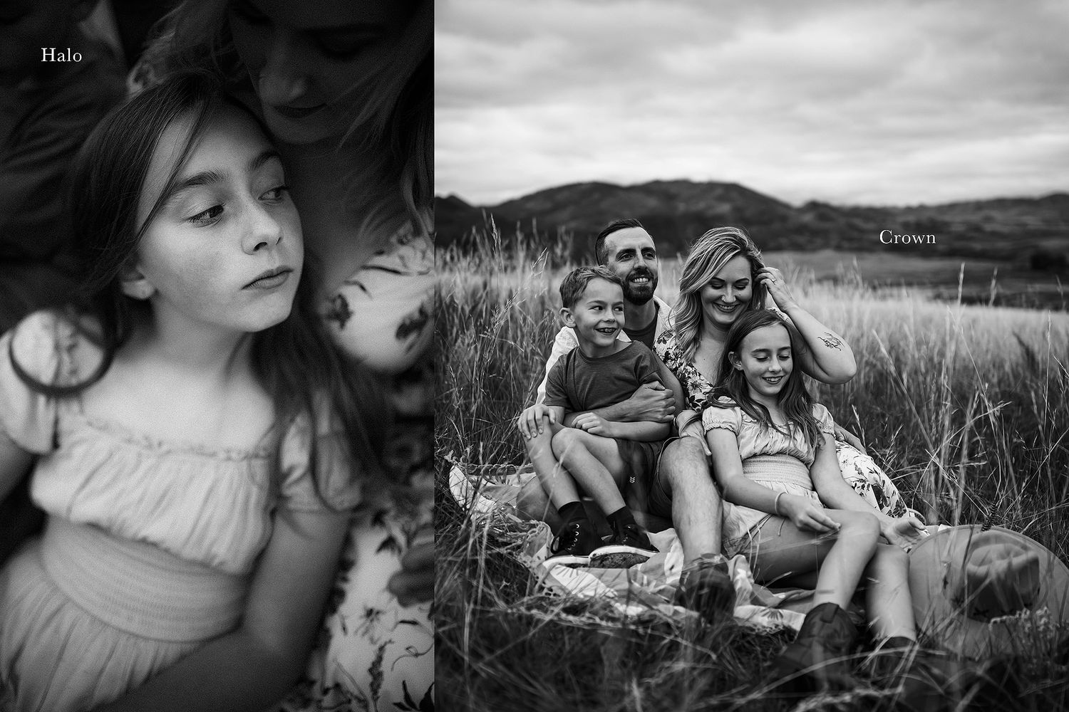 Black and white candid moments of people relaxing in natural outdoor setting.