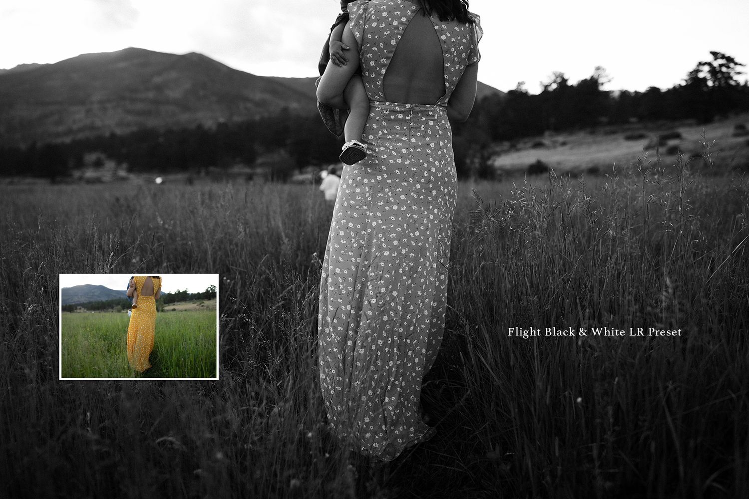Black and white landscape photos with figure in floral dress among tall grass.