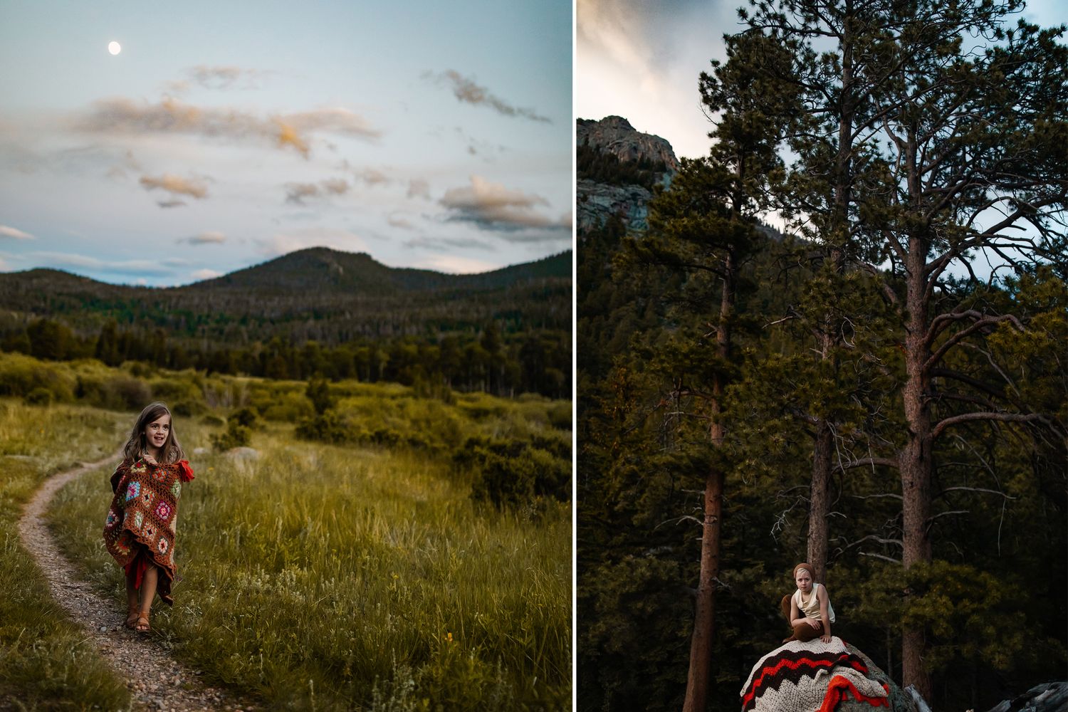 Couple walking through mountain meadow with pine trees and rolling hills in background.