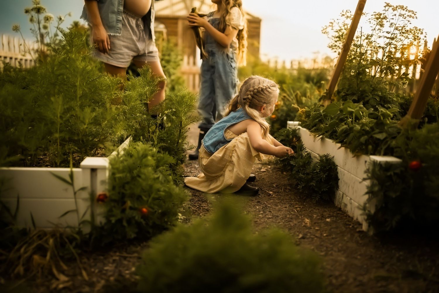 Children explore a backyard garden at sunset while climbing over a low concrete wall surrounded by plants and flowers.