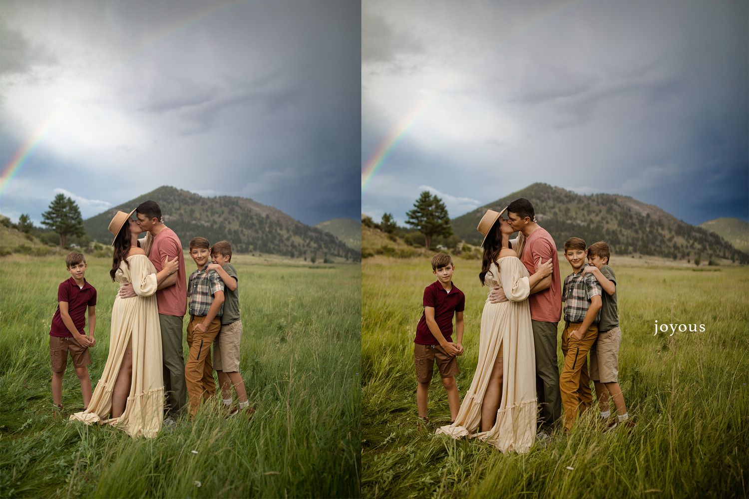 Rainbow appears over mountain meadow during intimate ceremony with dramatic sky.
