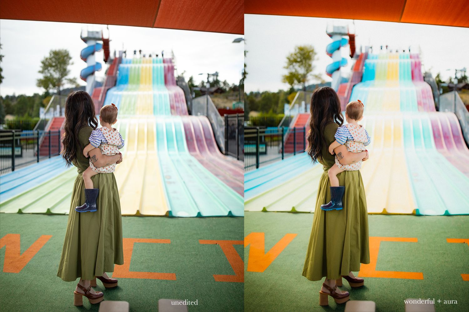 Person in a dress standing near colorful carnival slides in multiple sequential shots.