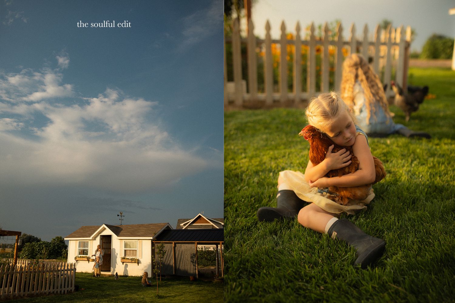 Scenic countryside setting with white house and wooden fence at sunset.