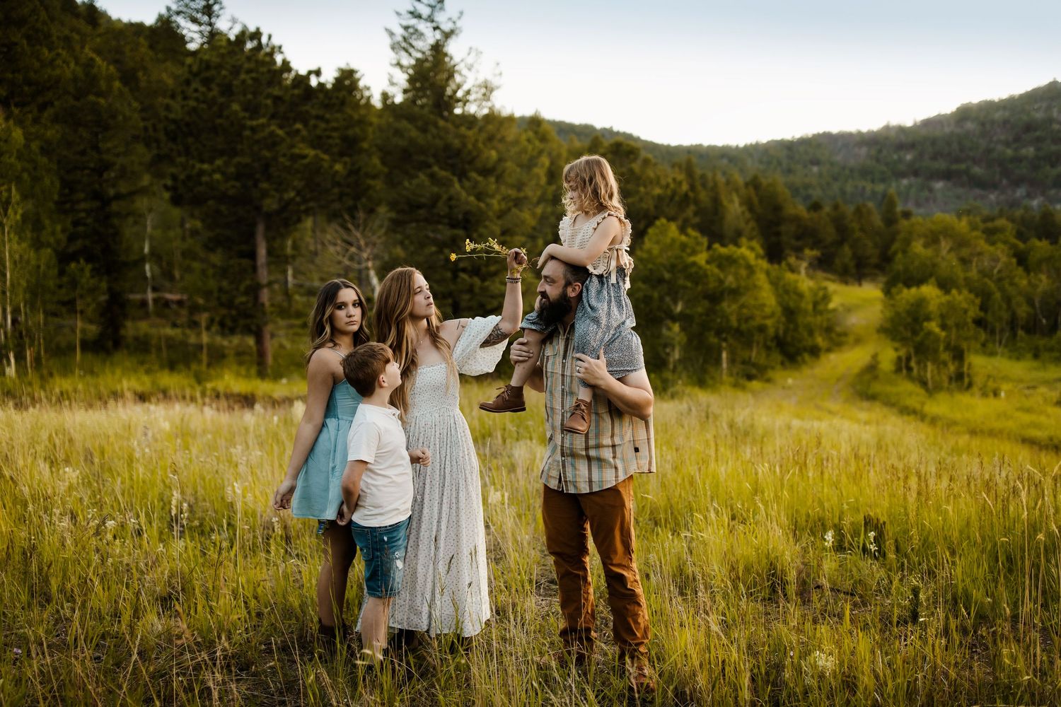 Family portrait session in a mountain meadow during golden hour.