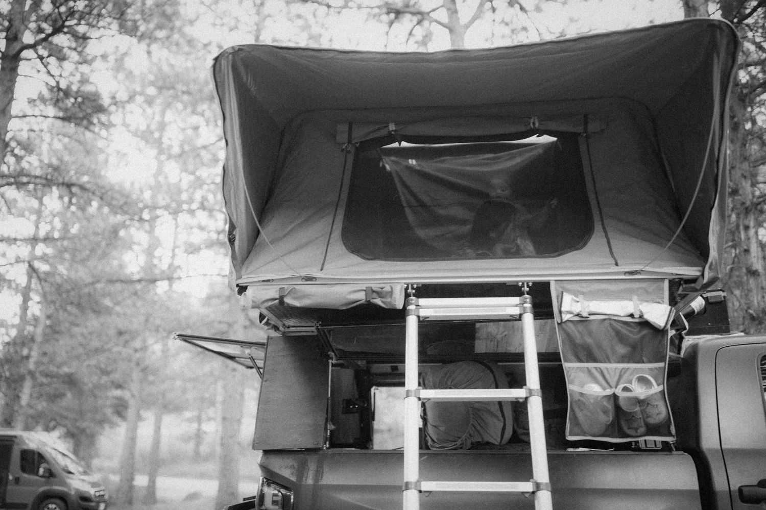 Black and white image showing a row of camping trailers parked in a wooded area.