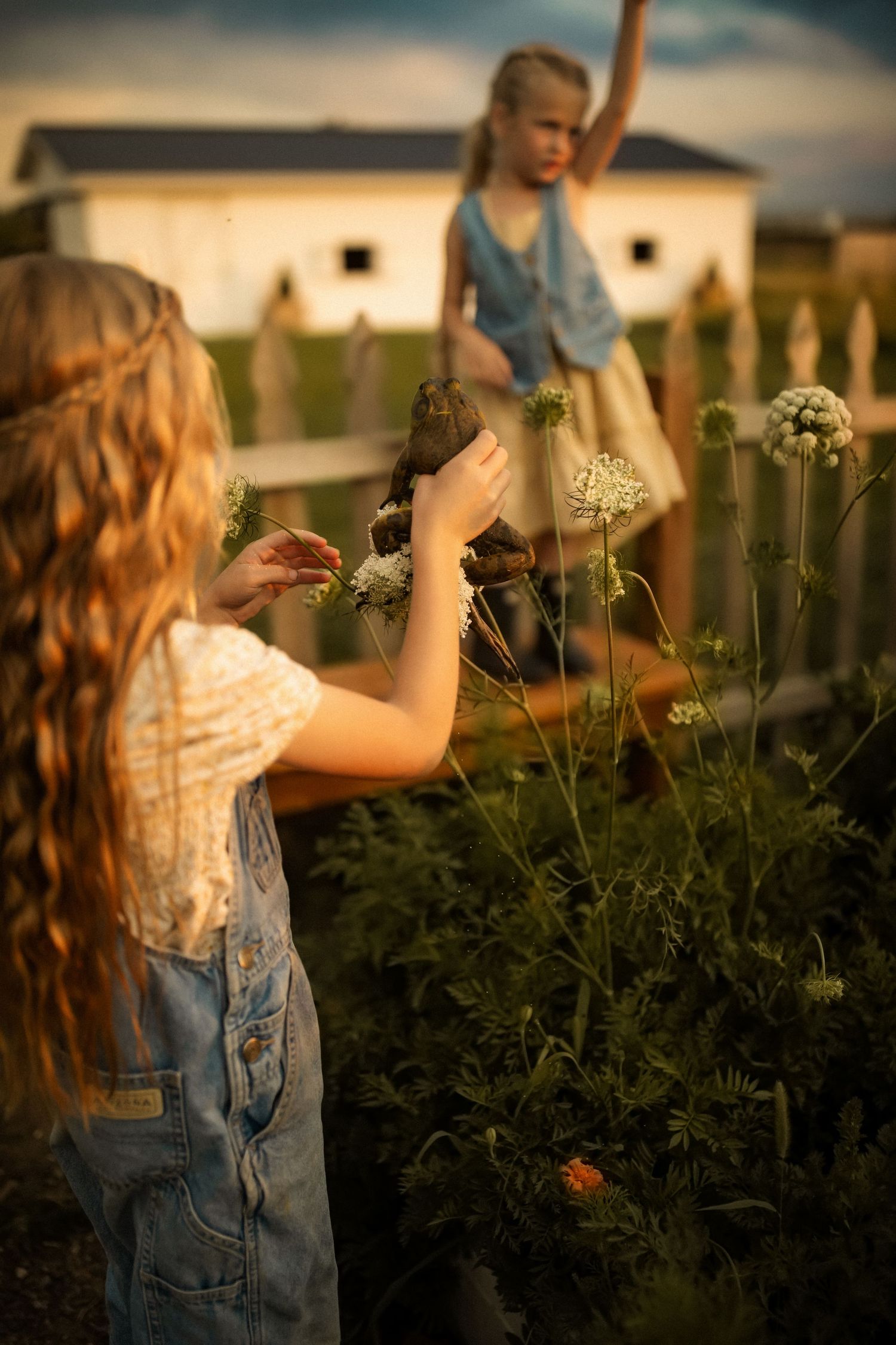 A child in denim overalls explores a garden at sunset, reaching out to touch flowering plants in golden light.